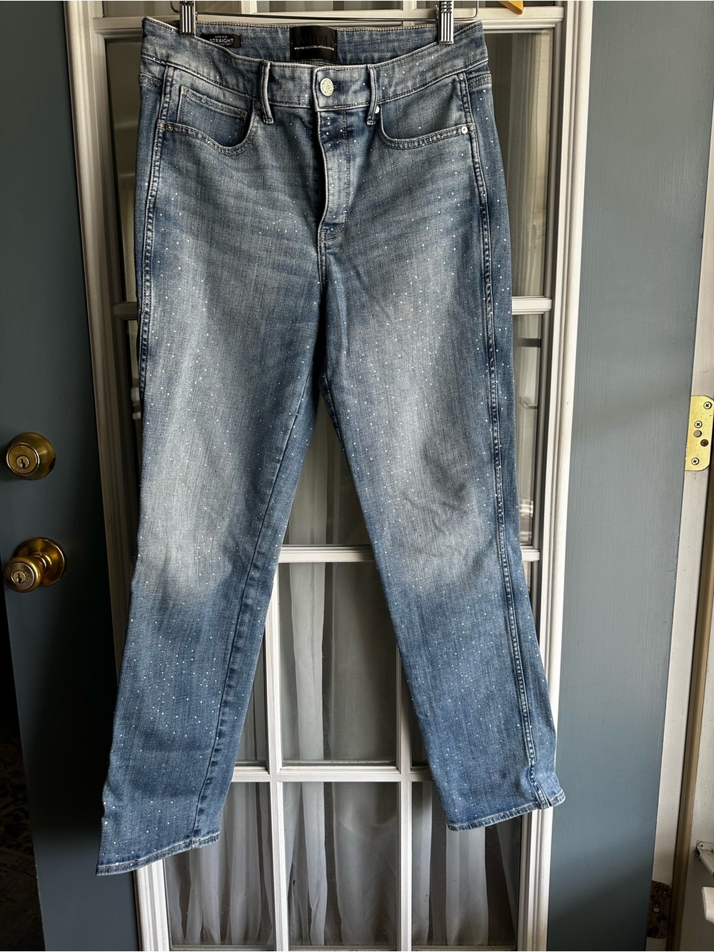 White House Black Market Light Wash Straight Jeans with Speckled Detail